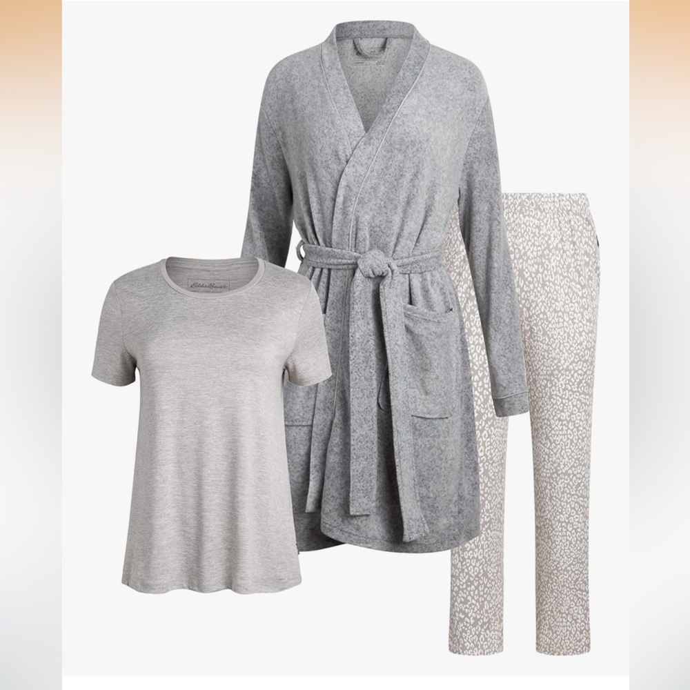 NWT Eddie Bauer 3 piece Lounge Set - Light Gray Robe and Short Sleeve Pajama Set